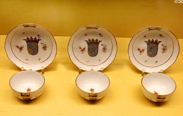 Meissen porcelain cups & saucers from the Contarini service (c1740) at Meissen porcelain museum at Lustheim Palace. Munich, Germany.