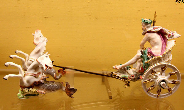 Meissen porcelain figure of Neptune riding shell wagon pulled by seahorses (c1750) by Johann Joachim Kaendler at Meissen porcelain museum at Lustheim Palace. Munich, Germany.