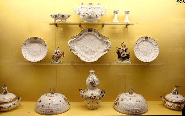 Meissen porcelain swan serving pieces & other sculpted figures (1740) by Johann Joachim Kaendler (et al) from Graf Brühl table service at Meissen porcelain museum at Lustheim Palace. Munich, Germany.