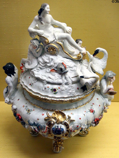 Meissen porcelain terrine with Venus figure on sea chariot pulled by swan (c1740) part of swan service at Meissen porcelain museum at Lustheim Palace. Munich, Germany.