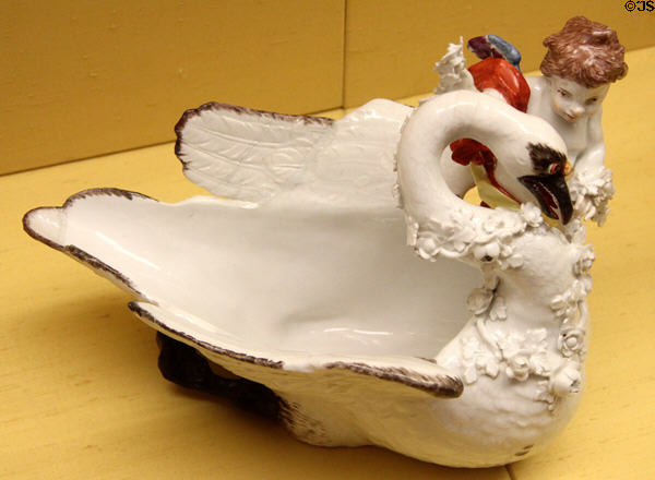 Meissen porcelain bowl in shape of swan (c1740) at Meissen porcelain museum at Lustheim Palace. Munich, Germany.