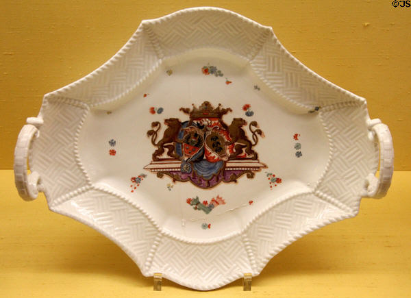 Meissen porcelain serving platter (1735-7) by Johann Joachim Kaendler from Graf Sulkowski table service at Meissen porcelain museum at Lustheim Palace. Munich, Germany.