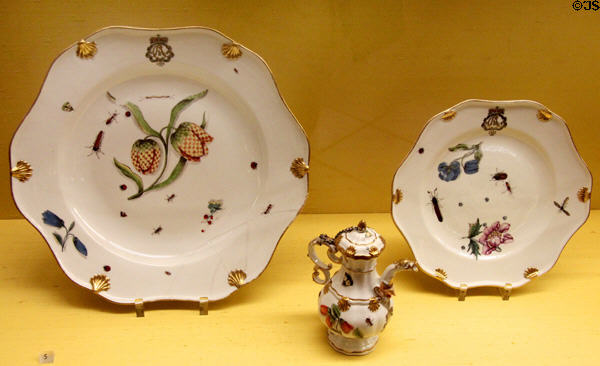 Meissen porcelain serving platter, plate & vinegar or oil jug (1741-2) painted with wildflowers & insects from service of Cologne Prince-Bishop Clemens August at Meissen porcelain museum at Lustheim Palace. Munich, Germany.