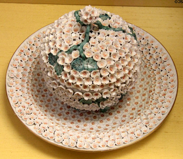 Meissen porcelain snowball terrine & underplate (c1750) at Meissen porcelain museum at Lustheim Palace. Munich, Germany.