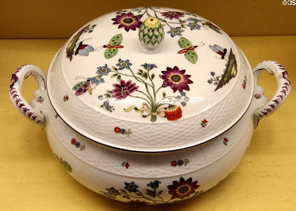 Meissen porcelain terrine (c1740) painted with cut flowers & insects at Meissen porcelain museum at Lustheim Palace. Munich, Germany.
