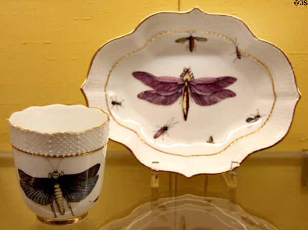 Meissen porcelain serving vessels (c1740s) painted with moths at Meissen porcelain museum at Lustheim Palace. Munich, Germany.