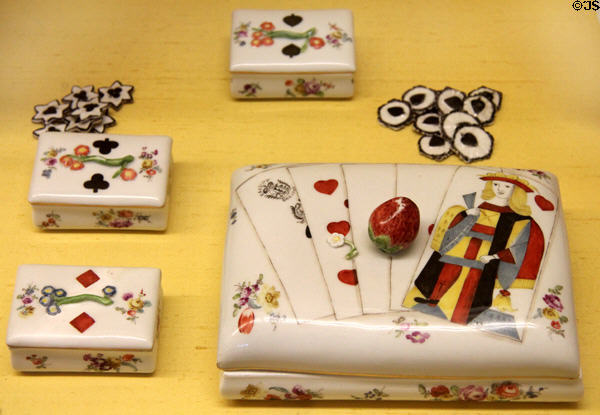 Meissen porcelain lidded box & subboxes with game chips (c1765) painted to mimic playing cards at Meissen porcelain museum at Lustheim Palace. Munich, Germany.