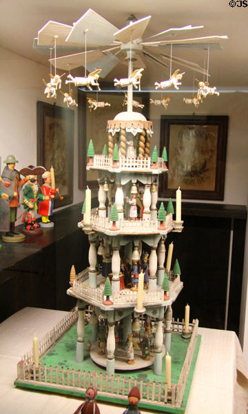German candle-powered rotating Christmas pyramid at folk art Collection Gertrud Weinhold at Schleißheim. Munich, Germany.