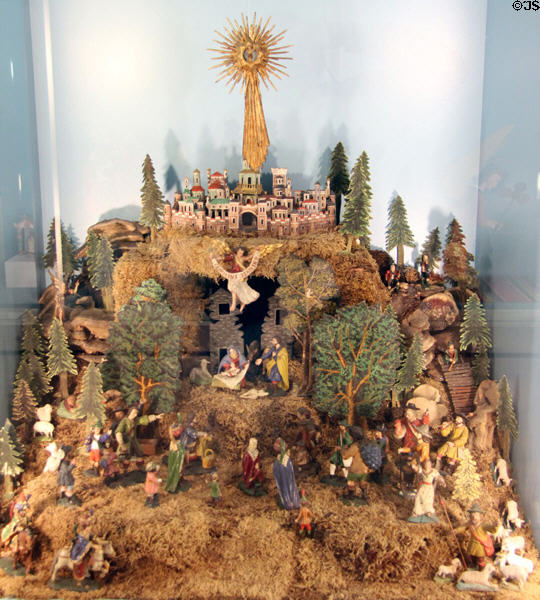 Farmer Baroque-style carved Christmas crèche & town of Bethlehem from Salzkammergut at folk art Collection Gertrud Weinhold. Munich, Germany.