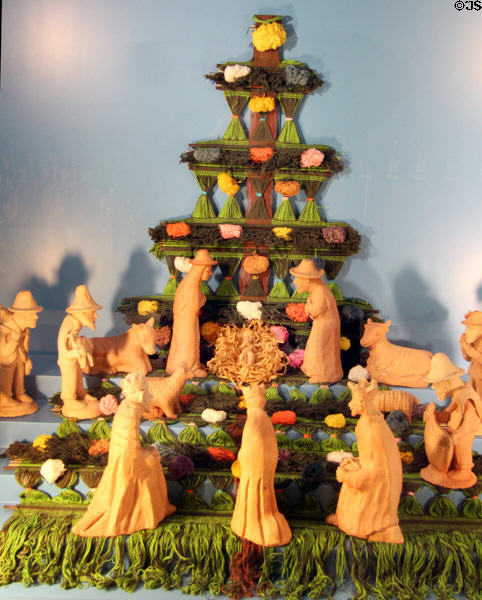Molded clay Christmas crèche from Colombia at folk art Collection Gertrud Weinhold. Munich, Germany.