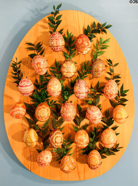 Easter eggs on board at folk art Collection Gertrud Weinhold. Munich, Germany.