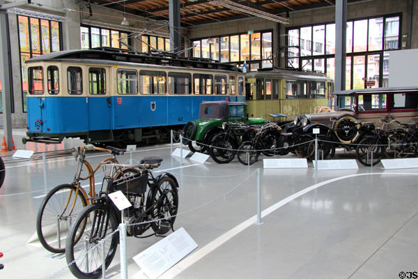 Trams, cars & bikes at Deutsches Museum Transport Museum. Munich, Germany.