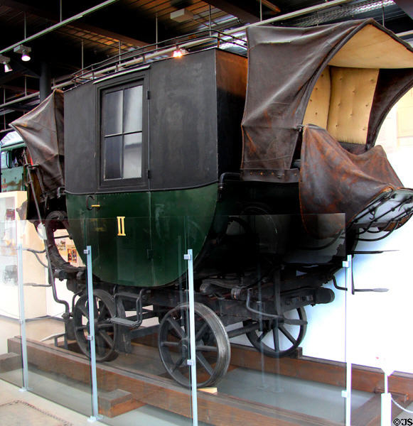 Hannibal bi-directional horse-drawn rail carriage (replica of 1841 model) of Linz-Budweis Railway at Deutsches Museum Transport Museum. Munich, Germany.
