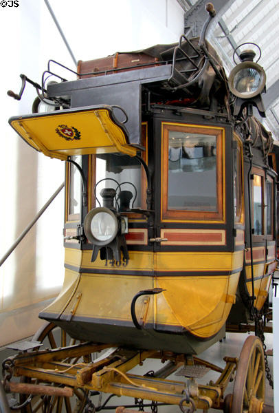 Mailcoach (1895) used by Swiss Alpine Post to cross Furka pass until 1915 at Deutsches Museum Transport Museum. Munich, Germany.