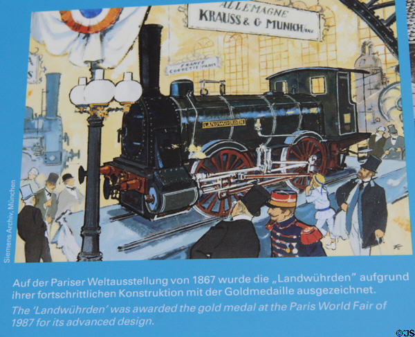 Landwührden steam locomotive in illustration as exhibited at Paris World Fair of 1897 at Deutsches Museum Transport Museum. Munich, Germany.