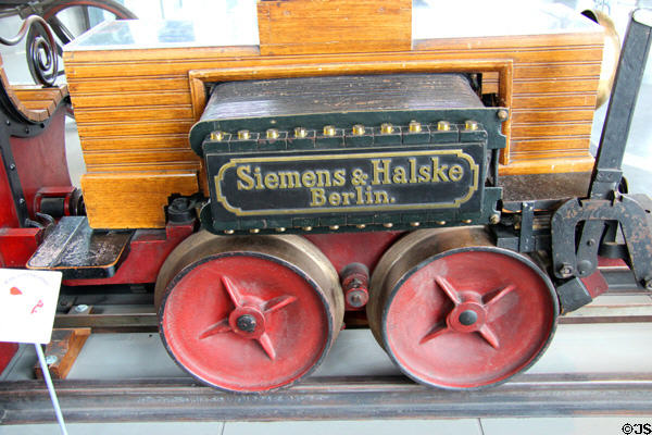 Close up of First Electric Locomotive (1879) by Siemens & Halske of Berlin at Deutsches Museum Transport Museum. Munich, Germany.