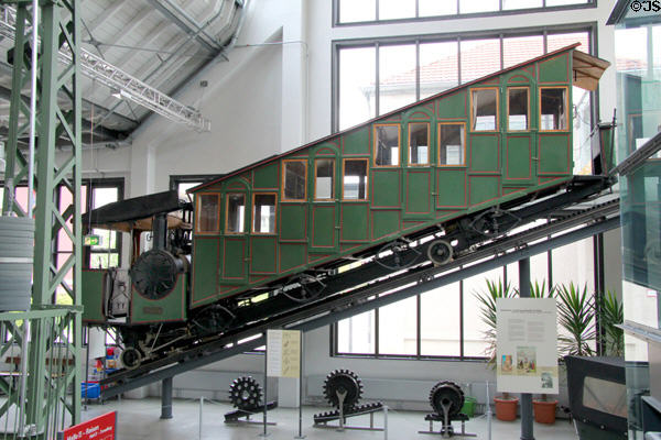 Steam-driven cogwheel car #10 from Pilatusbahn (1889-1937) at Deutsches Museum Transport Museum. Munich, Germany.