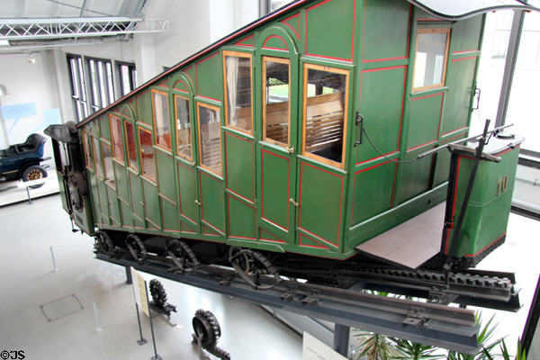 Steam-driven cogwheel car #10 from Pilatusbahn (1889-1937) at Deutsches Museum Transport Museum. Munich, Germany.