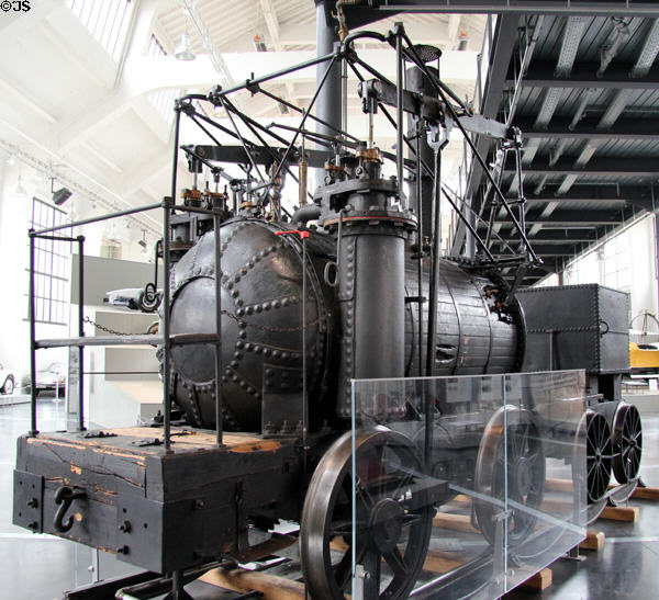 Puffing Billy steam locomotive (1814; 1906 replica) with vertical pistons at Deutsches Museum Transport Museum. Munich, Germany.