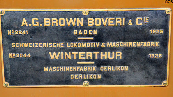 Maker's plate of Ge 6/6 electric locomotive of Swiss Rhaetian Railway (1925) by SLM of Winterthur, et al at Deutsches Museum Transport Museum. Munich, Germany.
