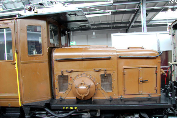 Crocodile-like end of Ge 6/6 electric locomotive of Swiss Rhaetian Railway (1925) by SLM of Winterthur, et al at Deutsches Museum Transport Museum. Munich, Germany.