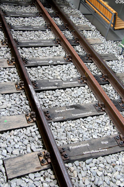 Section of track used as memorial with names of death camps to which victims of Nazis were transported at Deutsches Museum Transport Museum. Munich, Germany.