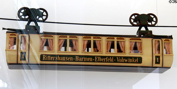 Model of original Wuppertal suspension railway car (1900) at Deutsches Museum Transport Museum. Munich, Germany.