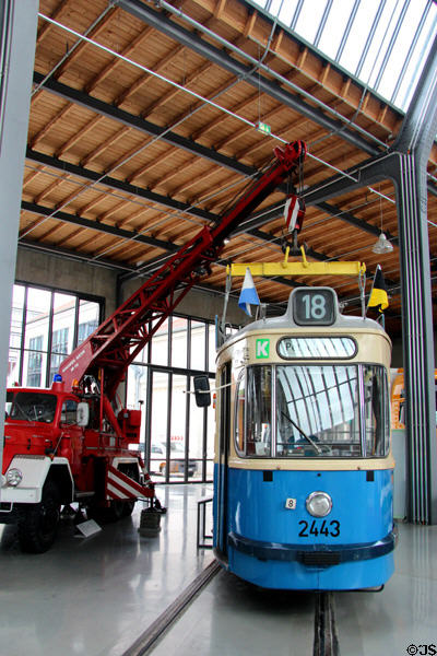 Munich Municipal Tramway car type M4.65 (1957) being positioned by crane truck F Magirus 250 D25A (1965) at Deutsches Museum Transport Museum. Munich, Germany.