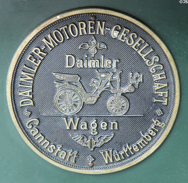 Metal plaque for Daimler belt driven motor wagon (1895) by Wilhelm Maybach of Cannstatt at Deutsches Museum Transport Museum. Munich, Germany.