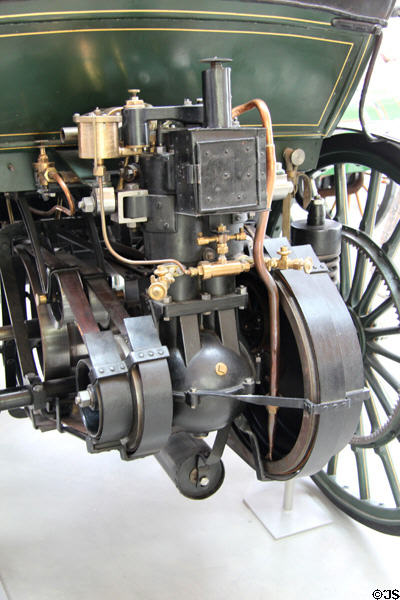 Motor & drive details of Daimler belt driven motor wagon (1895) by Wilhelm Maybach of Cannstatt at Deutsches Museum Transport Museum. Munich, Germany.