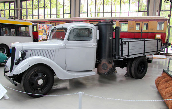Ford V8 LKW 51 truck with wood gas generator (1938) due to wartime fuel shortage at Deutsches Museum Transport Museum. Munich, Germany.