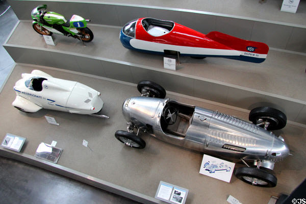 Collection of streamlined racing vehicle at Deutsches Museum Transport Museum. Munich, Germany.