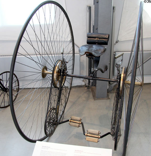 Otto Safety Bicycle with 2 large wheels side-by-side (1885) from England at Deutsches Museum Transport Museum. Munich, Germany.