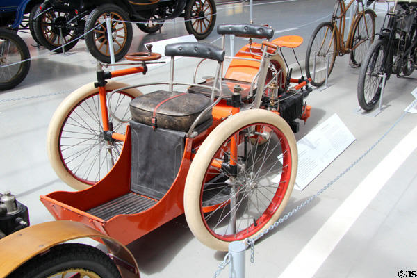 Léon Bollée 3-wheel, 2-seat motorbike (1896) from Le Mans, France at Deutsches Museum Transport Museum. Munich, Germany.