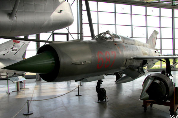 Mikoyan/Gurevich MIG-21 MF fighter jet (1958-89) made in USSR at Deutsches Museum Flugwerft Schleissheim. Munich, Germany.