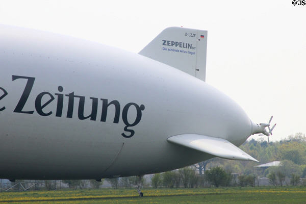 Tail detail of Süddeutsche Zeitung zeppelin visiting Flugwerft Schleissheim. Munich, Germany.