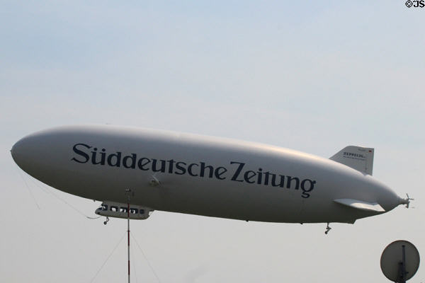 Süddeutsche Zeitung zeppelin in flight over Flugwerft Schleissheim. Munich, Germany.