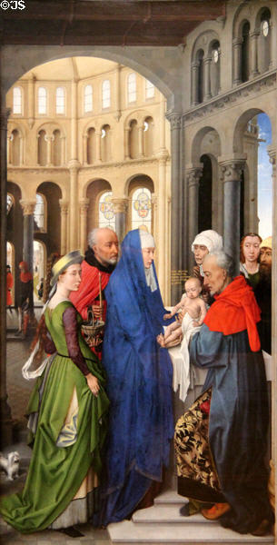 Virgin & Child with donors panel of Three Kings Altar painting (1455) by Rogier van der Weyden at Alte Pinakothek. Munich, Germany.