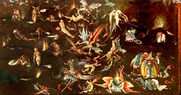 Doomsday fragment painting by follower of Hieronymus Bosch at Alte Pinakothek. Munich, Germany.