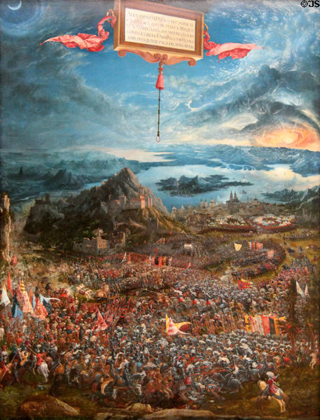 Alexander's battle at Issus painting (1529) by Albrecht Altdorfer at Alte Pinakothek. Munich, Germany.