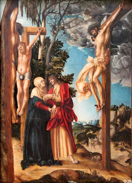 Lamentation under the Cross painting (1503) as Apostle John consoles Virgin Mary by Lucas Cranach the Elder at Alte Pinakothek. Munich, Germany.
