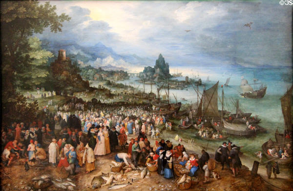 Harbor with Christ preaching painting (1598) by Jan Brueghel Elder at Alte Pinakothek. Munich, Germany.
