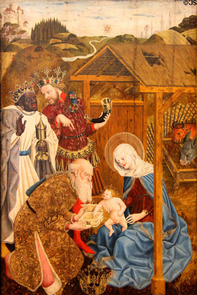 Three Kings at the Manger painting (c1440-50) by Master of Pollinger Panel at Alte Pinakothek. Munich, Germany.