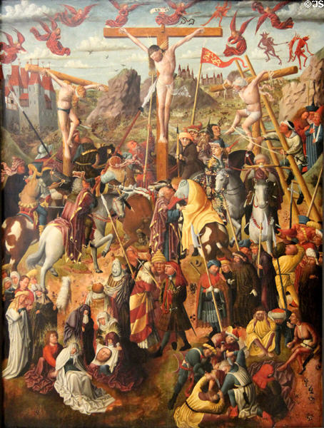 Crucifixion painting (c1440-50) by Master of Benediktbeurer crucifixion at Alte Pinakothek. Munich, Germany.