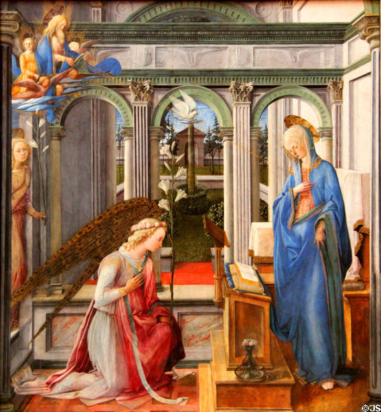 Annunciation painting (c1450) by Fra Filippo Lippi at Alte Pinakothek. Munich, Germany.