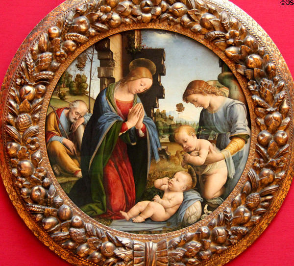Worship of Christ Child painting by Fra Bartolommeo at Alte Pinakothek. Munich, Germany.