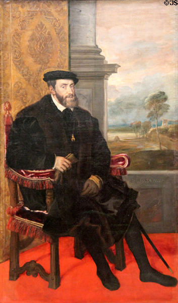 Portrait of King Karl V by Titian at Alte Pinakothek. Munich, Germany.