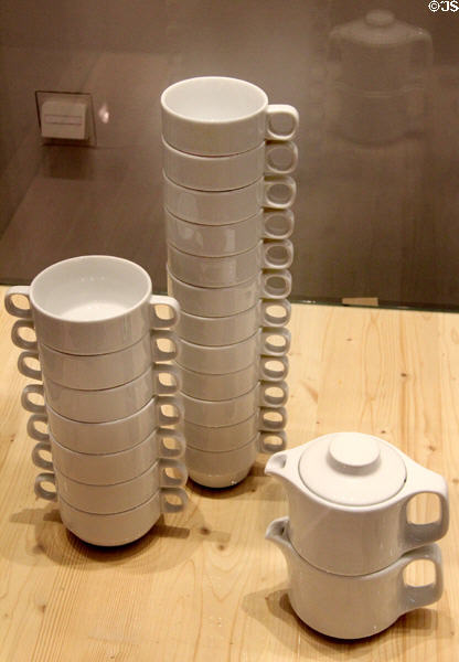 Porcelain Geschirrsystem stacking cups (1961) by Heinz H Engler made by Porzellanfabrik Weiden at Pinakothek der Moderne. Munich, Germany.