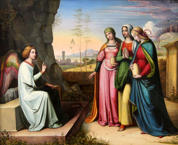 Three Marys at the Tomb painting (c1815-22) by Peter von Cornelius at Neue Pinakothek. Munich, Germany.