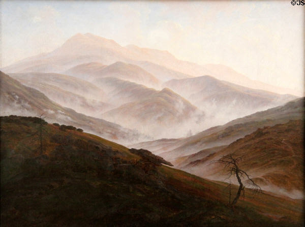 Riesengebirge Landscape with Rising Fog painting (1819-20) by Caspar David Friedrich at Neue Pinakothek. Munich, Germany.